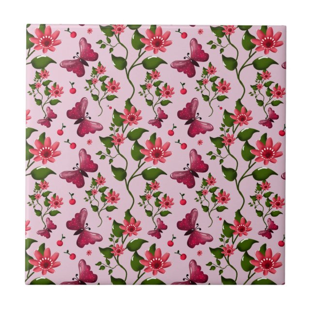 Cute Cherry Butterfly Pattern, Glossy Kawaii Fruit Tile (Front)