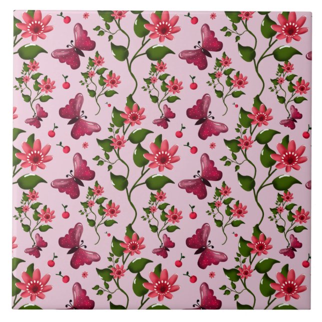 Cute Cherry Butterfly Pattern, Glossy Kawaii Fruit Tile (Front)