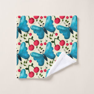Cute Cherry Butterfly Pattern, Glossy Kawaii Fruit Wash Cloth