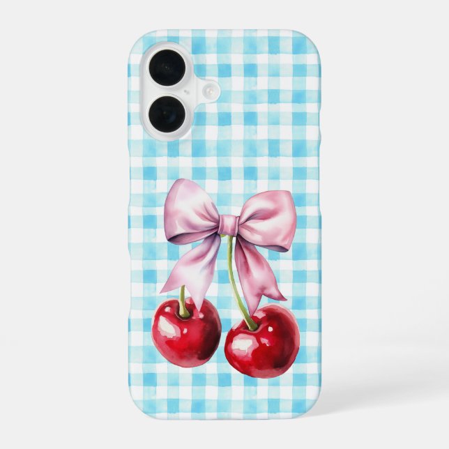 Cute Cherry Coquette Bow Blue Gingham  iPhone 16 Case (Back)