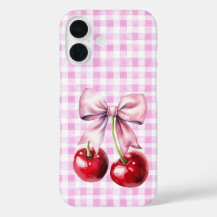 Cute Cherry Coquette Bow Pink Gingham  iPhone 16 Case
