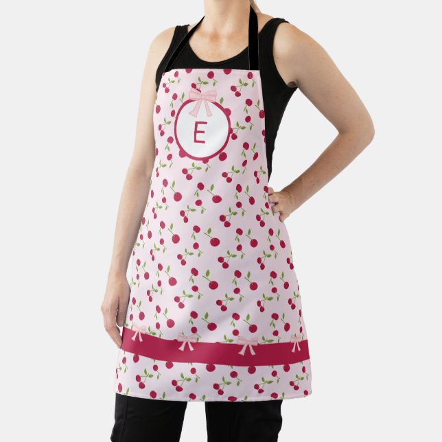 Cute Cherry Coquette Pink Custom Monogram Apron (Insitu)