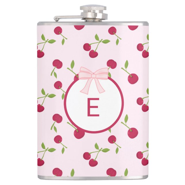 Cute Cherry Coquette Pink Custom Monogram Hip Flask (Front)