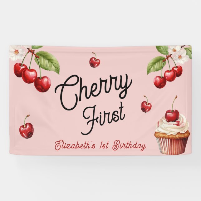 Cute Cherry First 1st Girly Birthday Pink Banner (Horizontal)