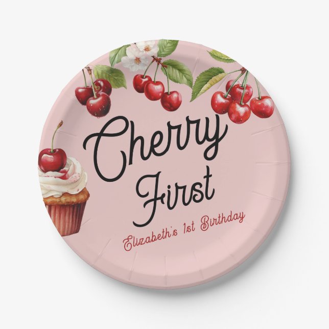 Cute Cherry First 1st Girly Birthday Pink Paper Plate (Front)