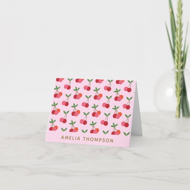 Cute Cherry Fruit Pattern Red Pink Personalized Card (Front)