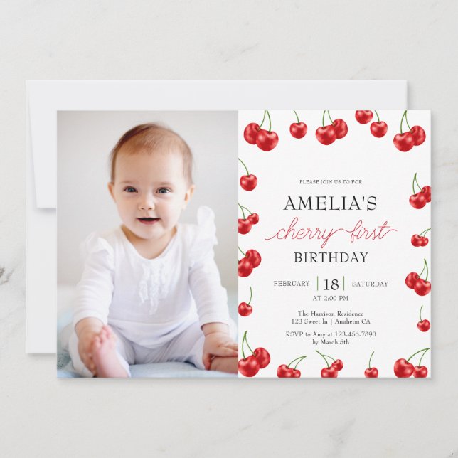 Cute Cherry Girl Berry First Birthday Party  Invitation (Front)