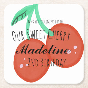 Cute Cherry Hand Drawn Sweet Birthday Red Square Paper Coaster