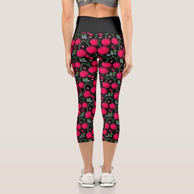 Cute Cherry Pattern Aesthetic | Red Cherry Seamles Capri Leggings (Back)