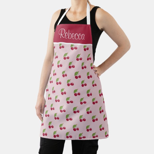 Cute Cherry Pattern Burgundy and Pink Personalised Apron (Insitu)