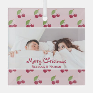 Cute Cherry Pattern Custom Photo Christmas Glass Ornament