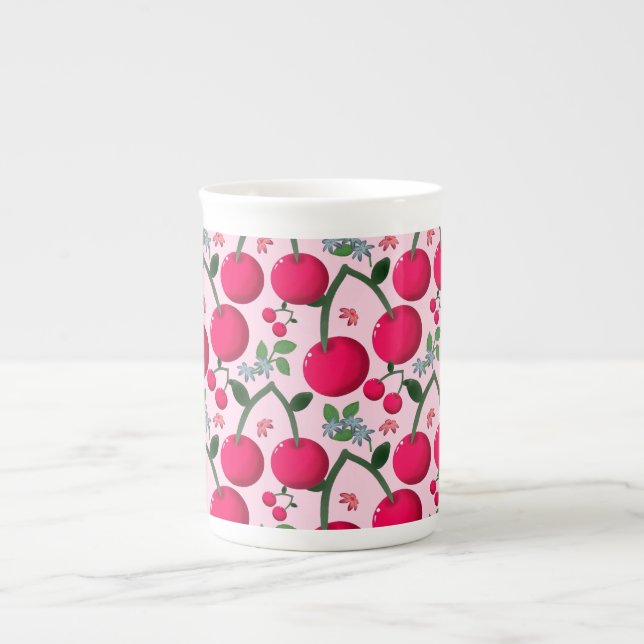 Cute Cherry  Pattern, Glossy Kawaii Fruit Bone China Mug (Front)