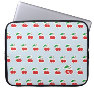 Cute Cherry Pattern on Light Blue Monogram Laptop Sleeve