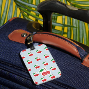 Cute Cherry Pattern on Light Blue Monogram Luggage Tag