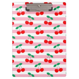 Cute Cherry Pattern on Pink Striped Background Clipboard
