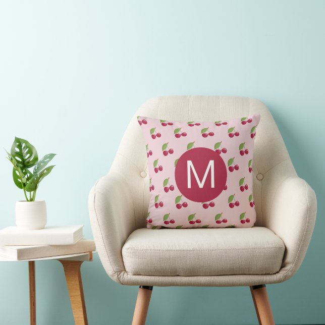Cute Cherry Pattern Personalised Monogram Throw Pillow (Chair)