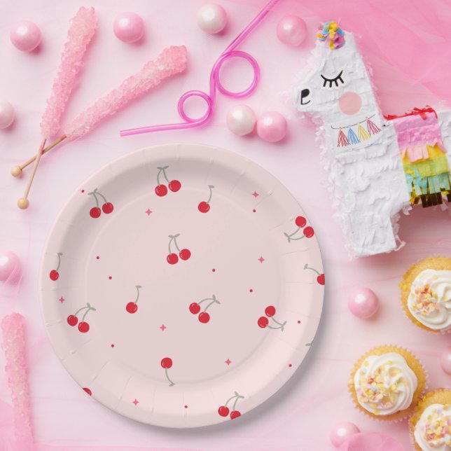 Cute Cherry Pattern | Pink Aesthetic Seamless  Paper Plate (Party)