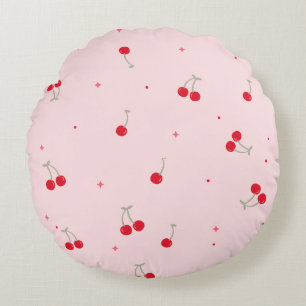Cute Cherry Pattern   Pink Aesthetic Seamless  Round Pillow