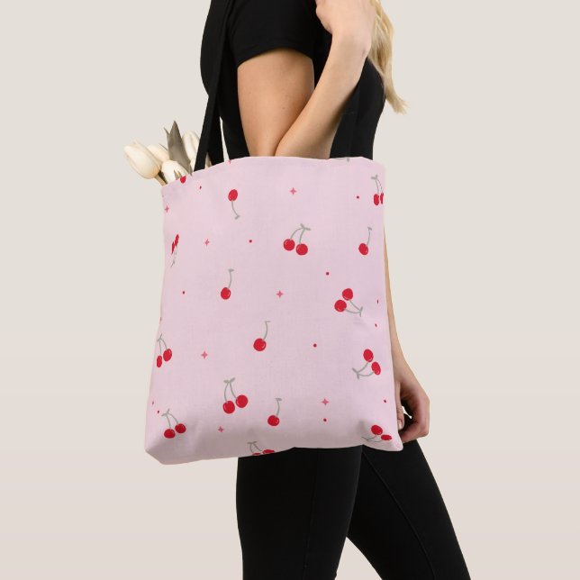 Cute Cherry Pattern | Pink Aesthetic Seamless  Tote Bag (Close Up)
