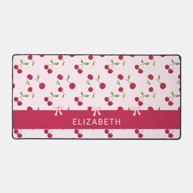 Cute Cherry Print Pattern Coquette Pink Custom Desk Mat (Front)