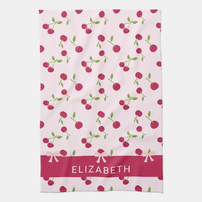 Cute Cherry Print Pattern Coquette Pink Custom Kitchen Towel (Vertical)
