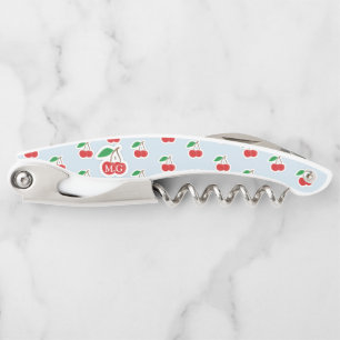 Cute Cherry Stems on Light Blue Monogram Corkscrew