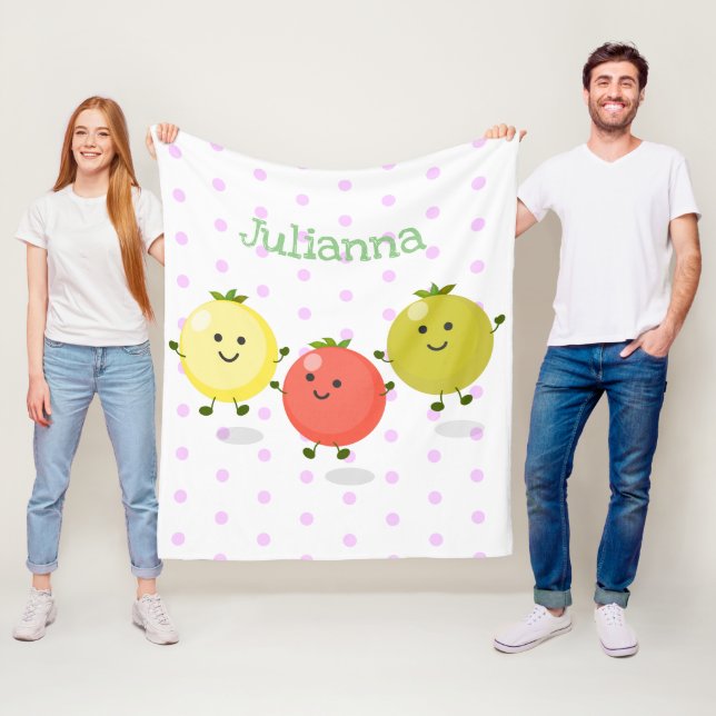Cute cherry tomatoes cartoon illustration fleece blanket (In Situ)