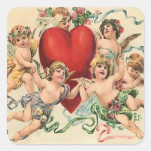 Cute Cherubs with a Red Heart Valentine Square Sticker