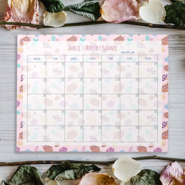 Cute Cheshire Cat Floral Pink Monthly Planner Notepad (Creator Uploaded)
