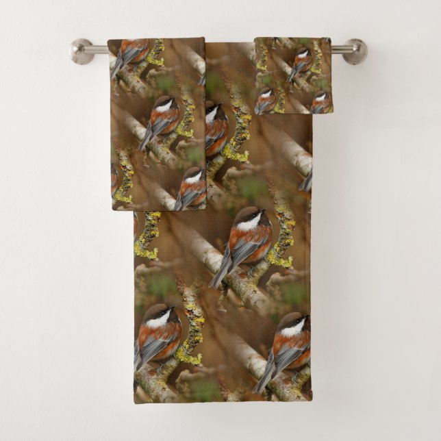 Cute Chestnut-Backed Chickadee on the Pear Tree Bath Towel Set (Insitu)