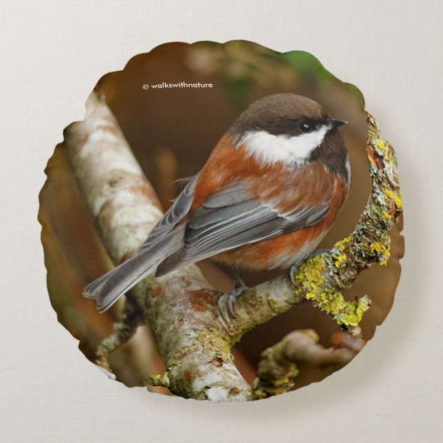Cute Chestnut-Backed Chickadee on the Pear Tree Round Pillow (Front)
