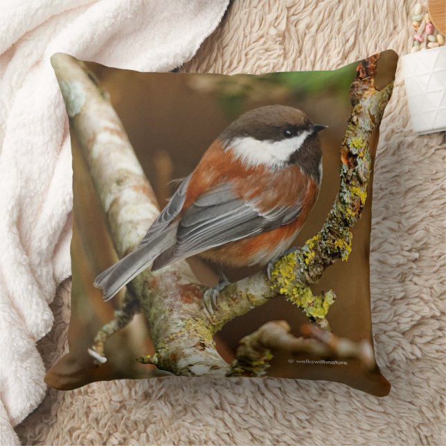 Cute Chestnut-Backed Chickadee on the Pear Tree Throw Pillow (Blanket)