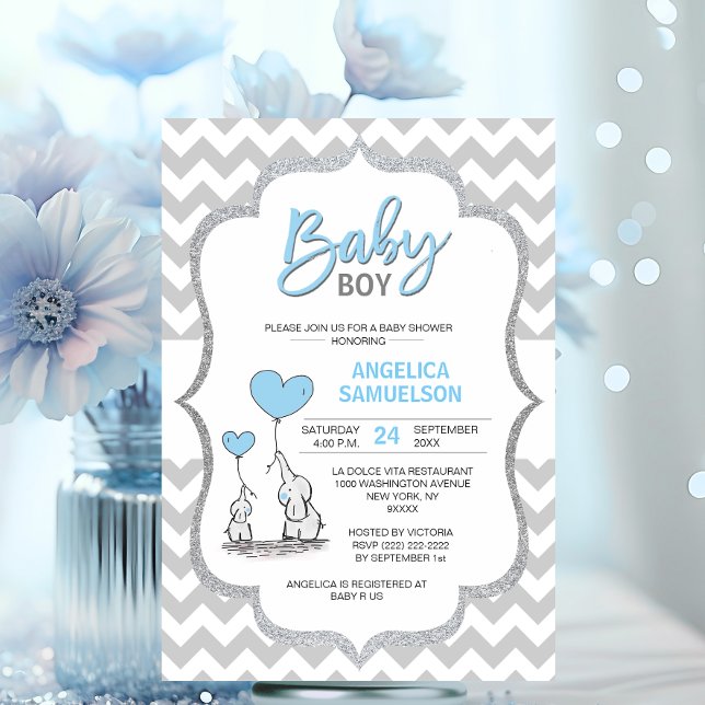 Cute Chevron Blue Grey Elephant Baby Shower BOY Invitation (Cute Chevron Blue Grey Elephant Baby Shower BOY Invitation)