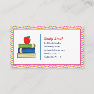 Cute Chevron Pattern Teacher Watercolor Apple Book Business Card