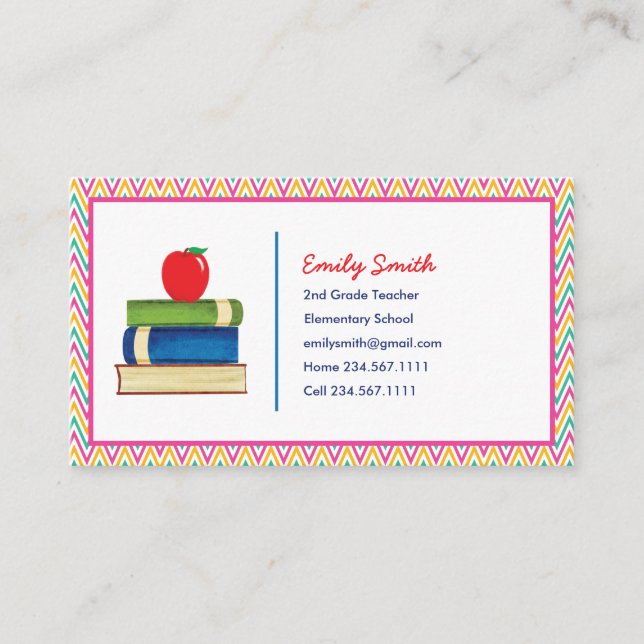 Cute Chevron Pattern Teacher Watercolor Apple Book Business Card (Front)