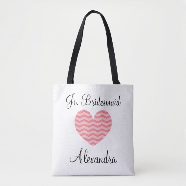Cute chevron stripe coral pink heart jr bridesmaid tote bag (Front)