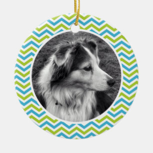 Cute Chevron Stripes Photo and Personalized Text Ceramic Ornament