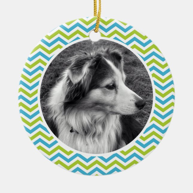Cute Chevron Stripes Photo and Personalized Text Ceramic Ornament (Front)