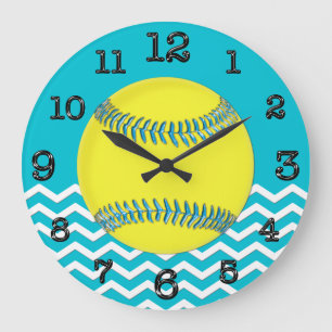 Cute Chevron Turquoise Softball Wall Decor CLOCK