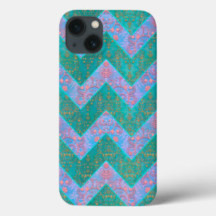 Cute Chevron with Floral Damask Turquoise Lavender iPhone 13 Case