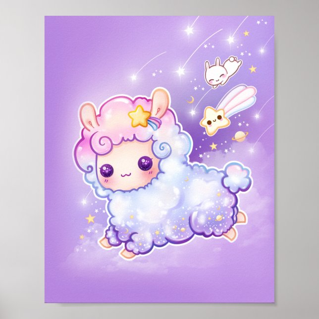 Cute chibi alpaca with kawaii shooting star poster (Front)