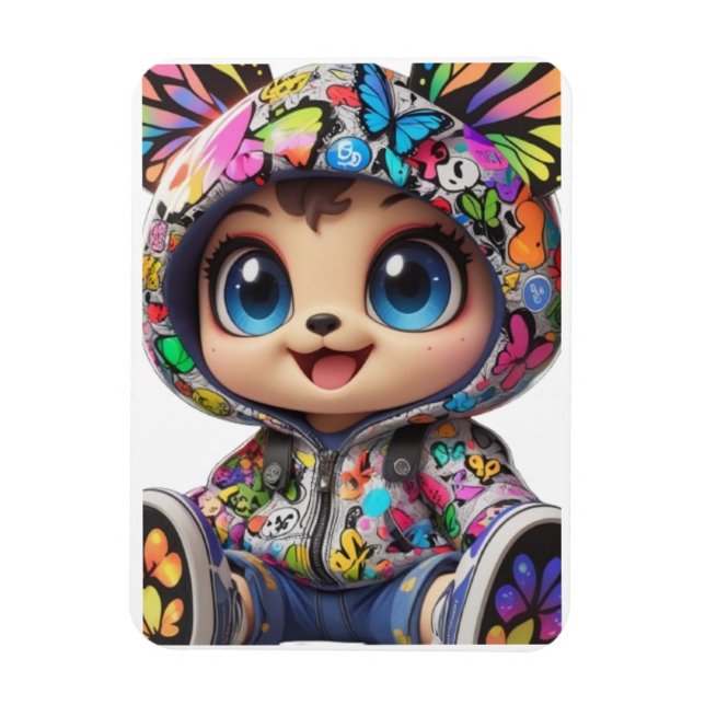 Cute Chibi Bear in Graffiti Butterfly Hoodie – Kaw Magnet (Vertical)