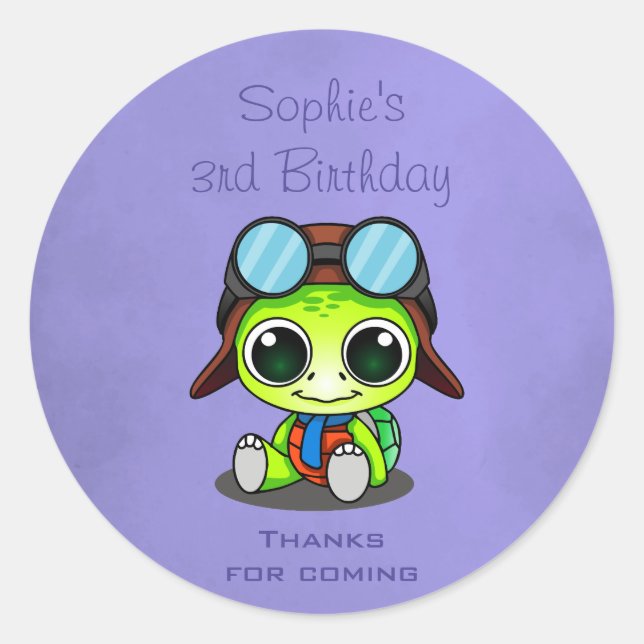 Cute Chibi Cartoon Turtle birthday thank you Classic Round Sticker (Front)