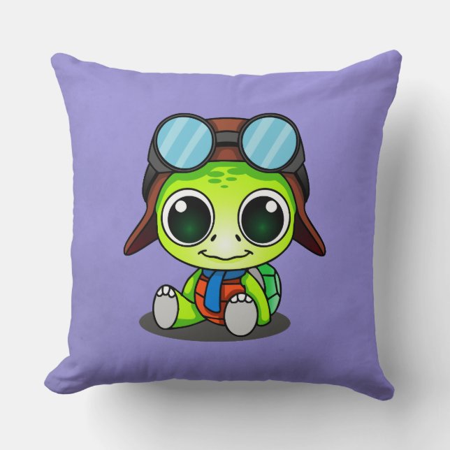 Cute Chibi Cartoon Turtle in Aviator Hat Throw Pillow (Front)