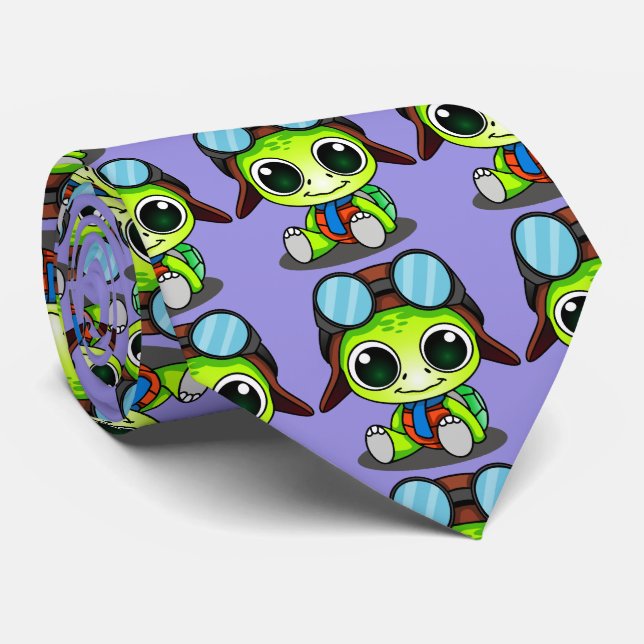 Cute Chibi Cartoon Turtle in Aviator Hat Tie (Rolled)