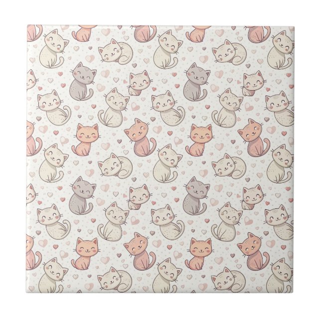 Cute Chibi Cat Pattern - Kids Kawaii Kitten Design Tile (Front)