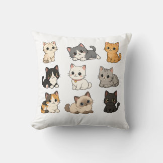 Cute Chibi Cats Pattern Kawaii Kitten Home Decor  Throw Pillow
