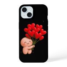 Cute Chibi Character Holding Red Heart Balloons 