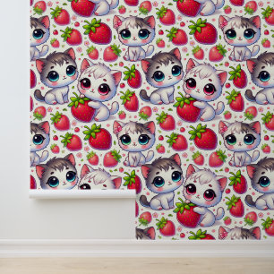 Cute Chibi Chats et Fraises Papier peint