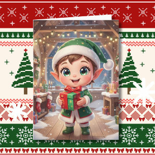 Cute Chibi Elf with Christmas Gift Personalized Card